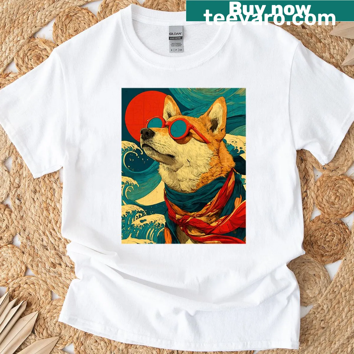 Funny Shiba Inu T-shirt with vintage woodblock art style — on a men's t-shirt