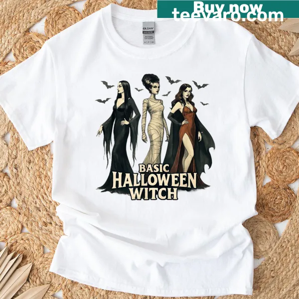 Vintage horror-themed Halloween T-shirt featuring a witch, vampire, and Frankenstein