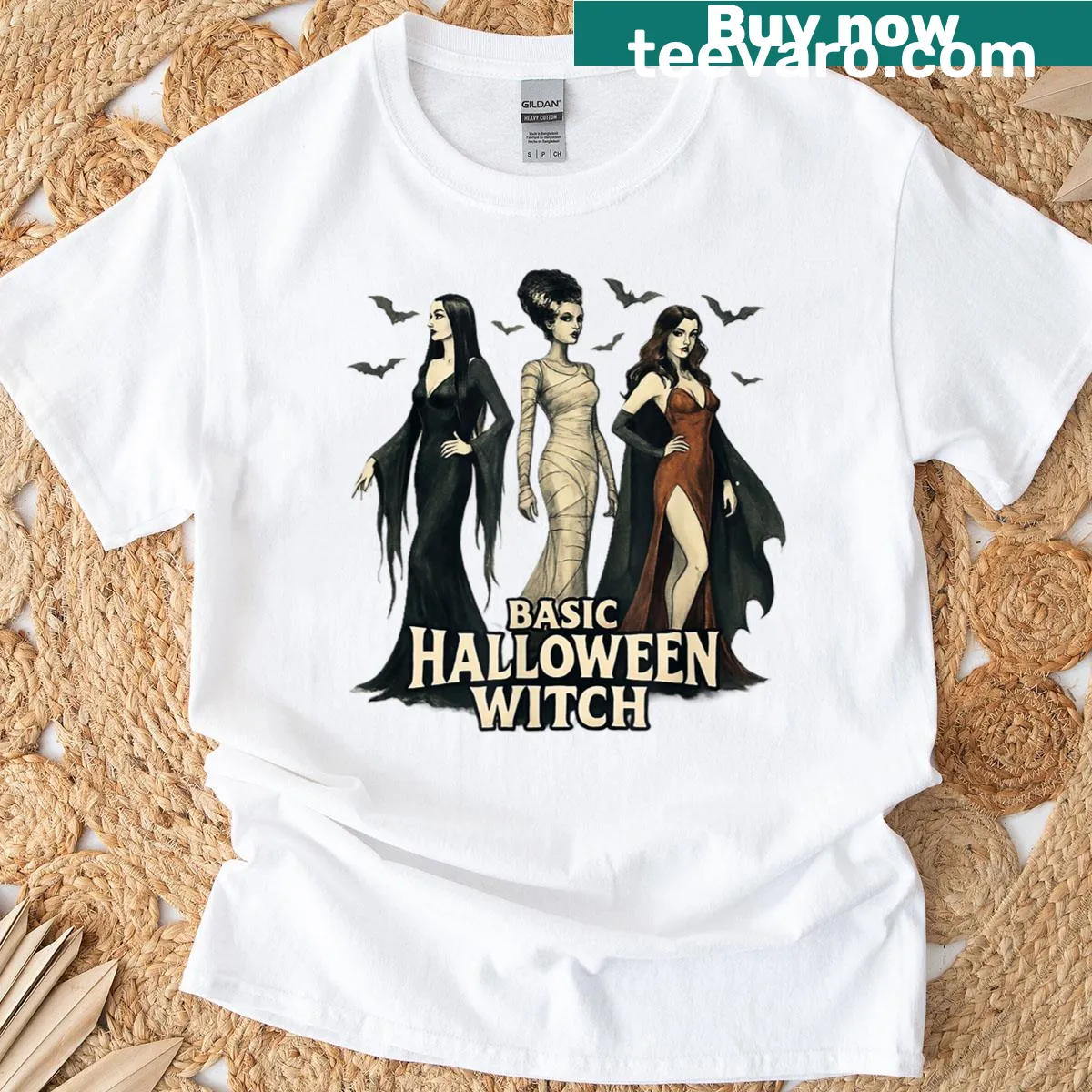 Vintage horror-themed Halloween T-shirt featuring a witch, vampire, and Frankenstein — on a men's t-shirt