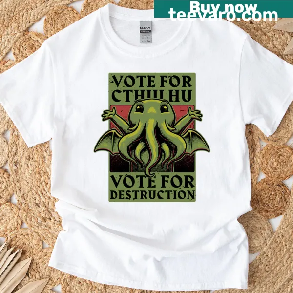 Funny horror t-shirt featuring 'Vote Cthulhu' and an illustration of Cthulhu