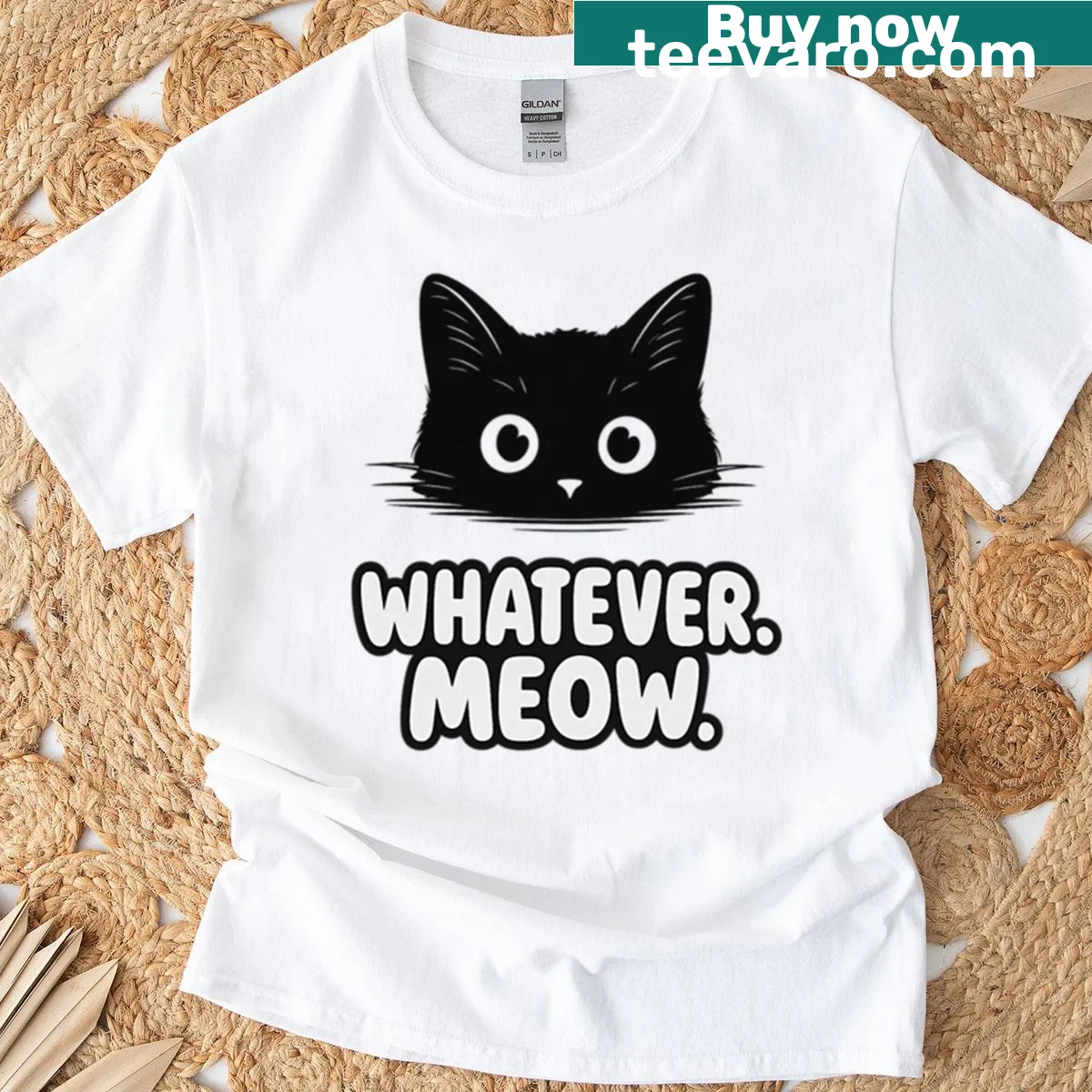 Sassy T-shirt with a black cat graphic and the phrase 'Whatever Meow' — on a men's t-shirt