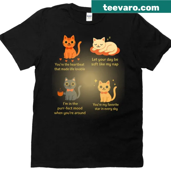 Illustrated T-shirt with various playful cat moments