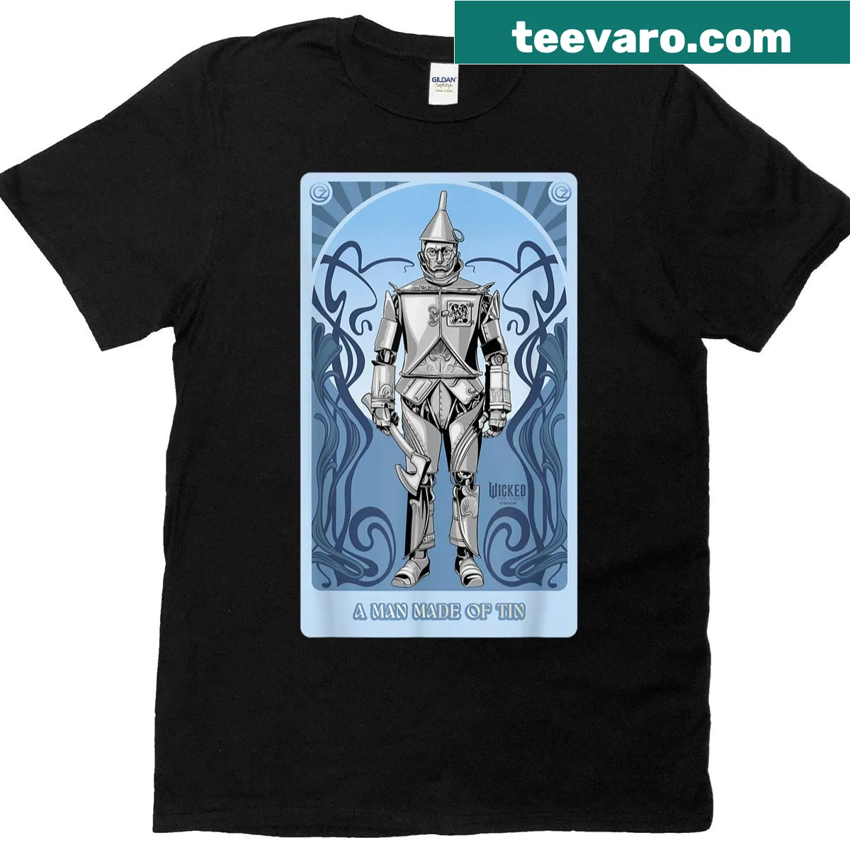 Illustrated T-shirt inspired by a tin character from fantasy literature — on a men's t-shirt
