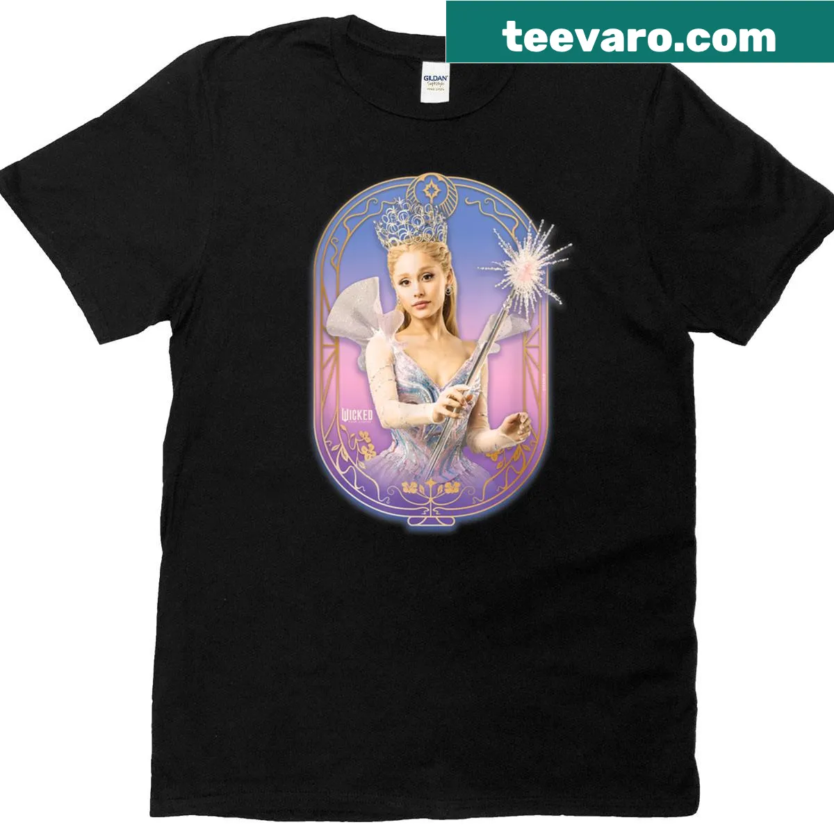 T-shirt featuring Glinda with a sparkling wand in a whimsical illustration — on a men's t-shirt