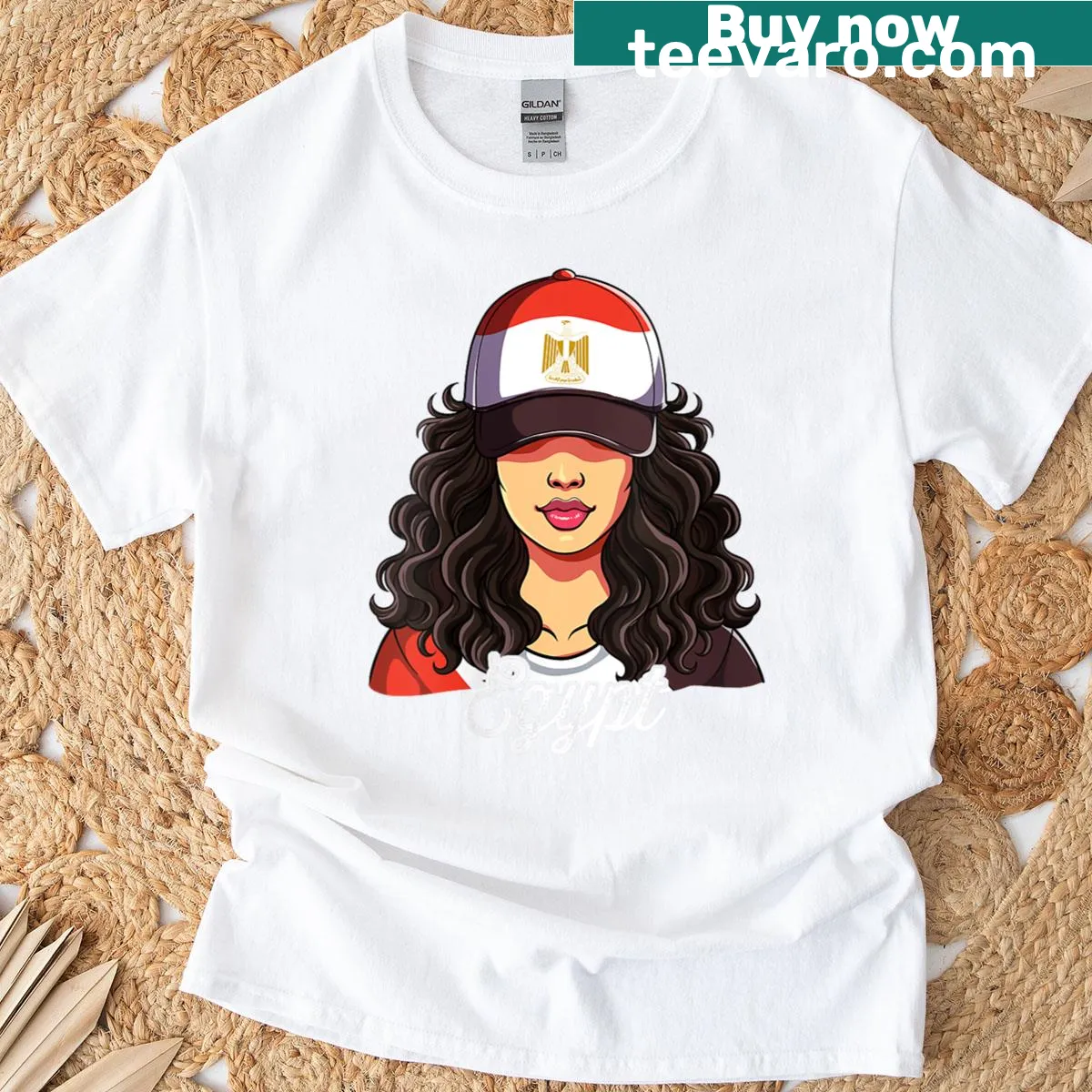 Illustrative T-shirt featuring an Egyptian girl design — on a men's t-shirt