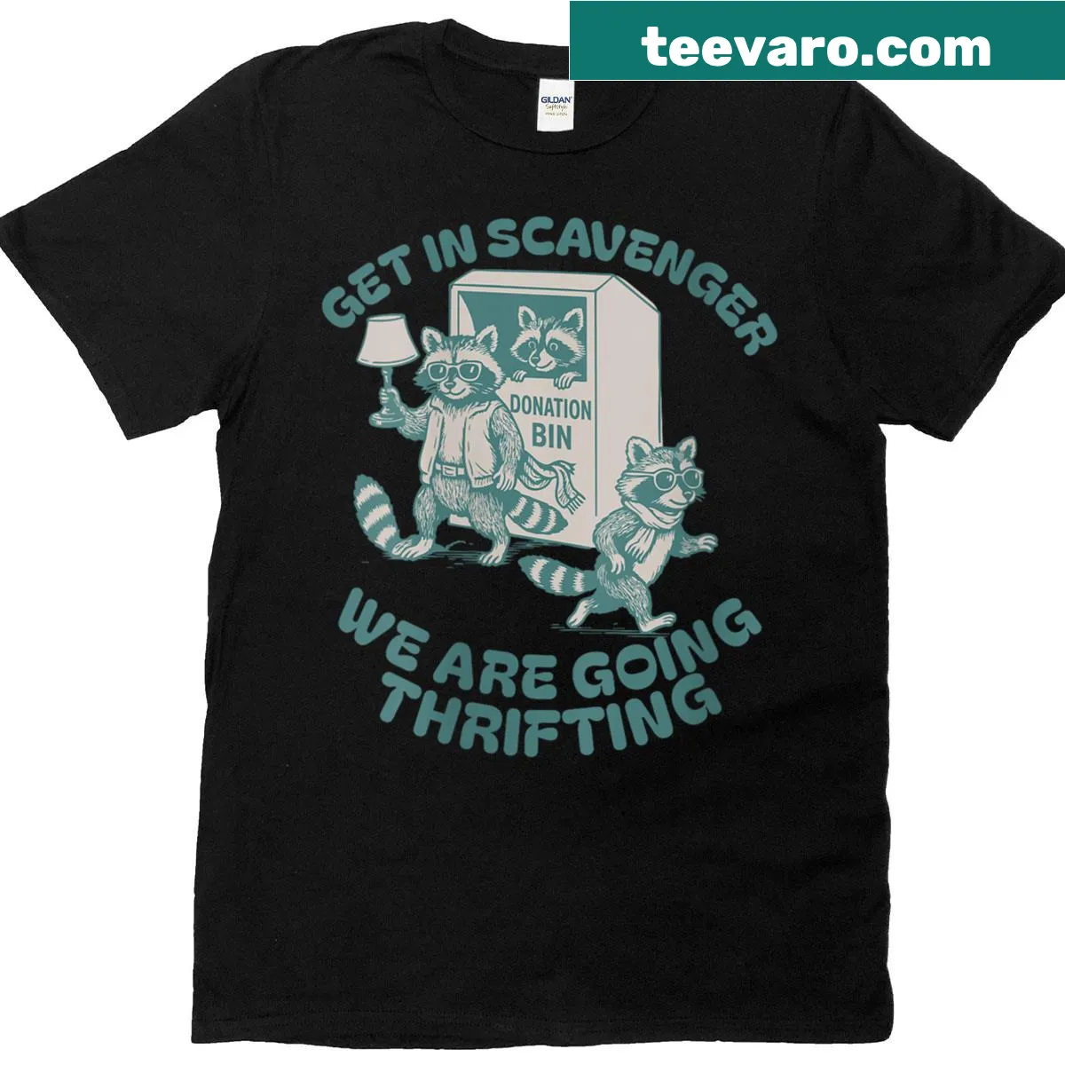 Retro T-shirt with raccoon graphic about thrifting — on a men's t-shirt