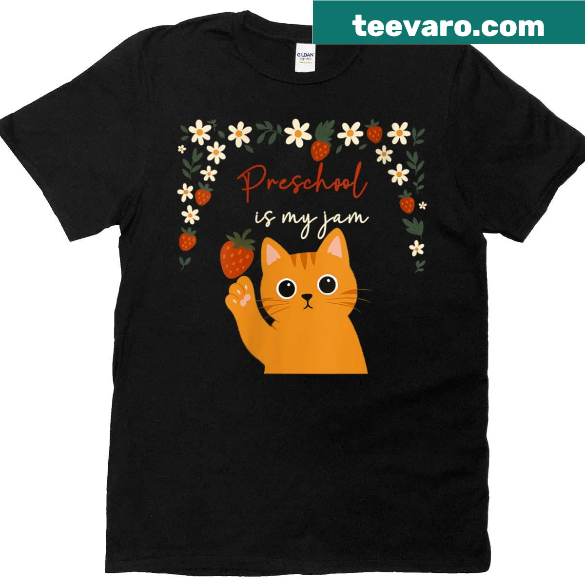 Illustration of cats with strawberries in a cute design for preschool lovers. — on a men's t-shirt