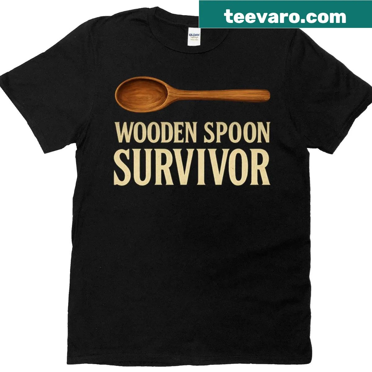 Funny vintage graphic t-shirt featuring the phrase 'Wooden Spoon Survivor.' — on a men's t-shirt
