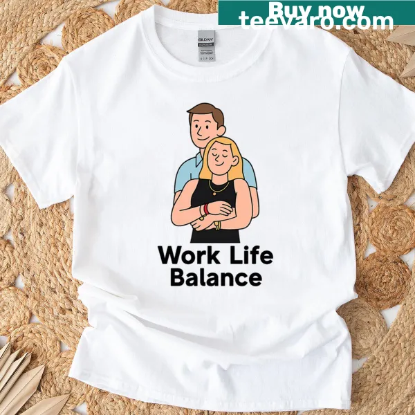 Funny couple hug cartoon on T-shirt depicting work-life balance.