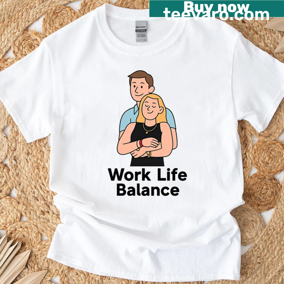 Funny couple hug cartoon on T-shirt depicting work-life balance. — on a men's t-shirt