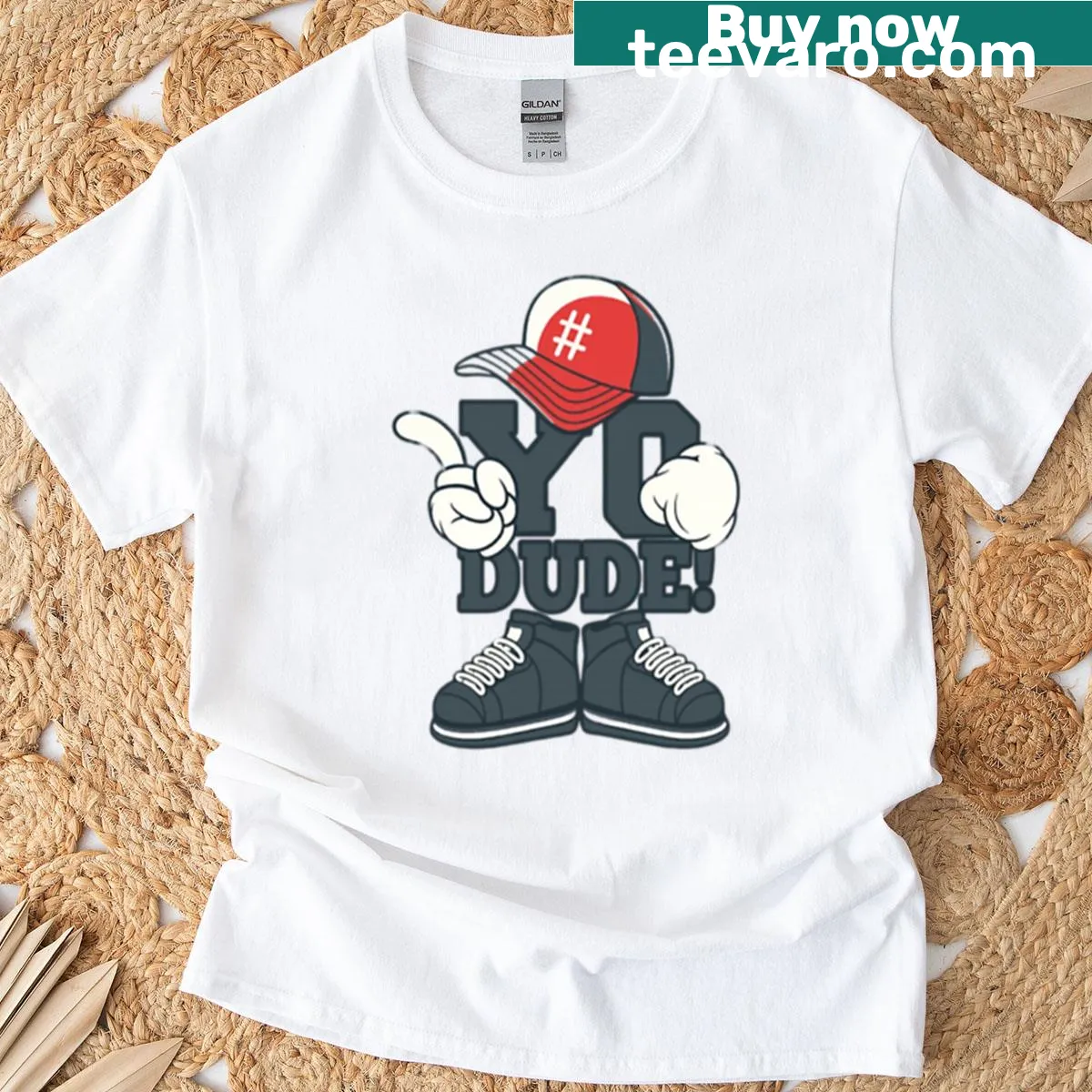 Retro cartoon graphic of caps and sneakers with hashtags — on a men's t-shirt