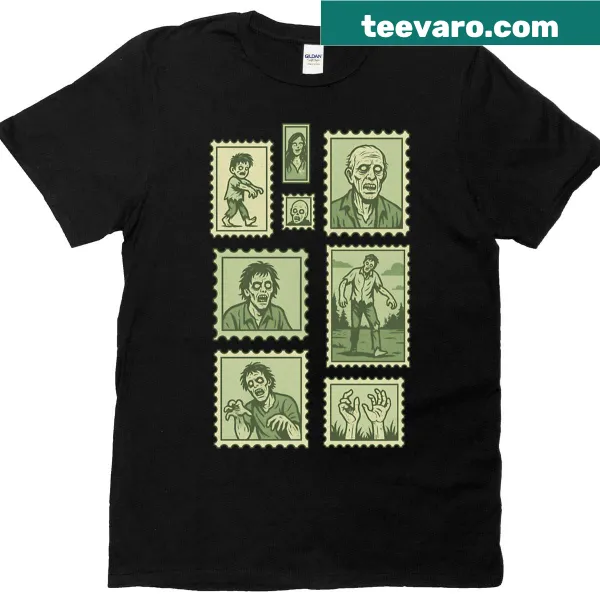 Vintage Halloween T-shirt with a collage of zombie stamps