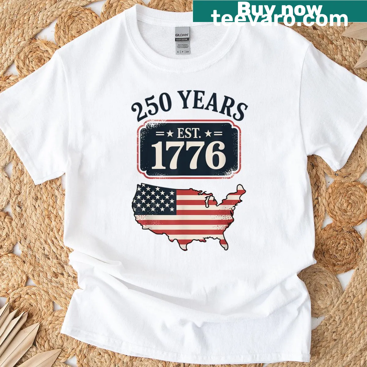 Vintage-style T-shirt with a classic U.S. flag design celebrating 250 years. — on a men's t-shirt