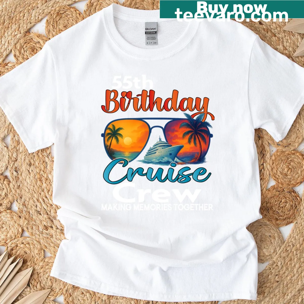 Matching t-shirt for 55th birthday cruise crew with a travel theme — on a men's t-shirt
