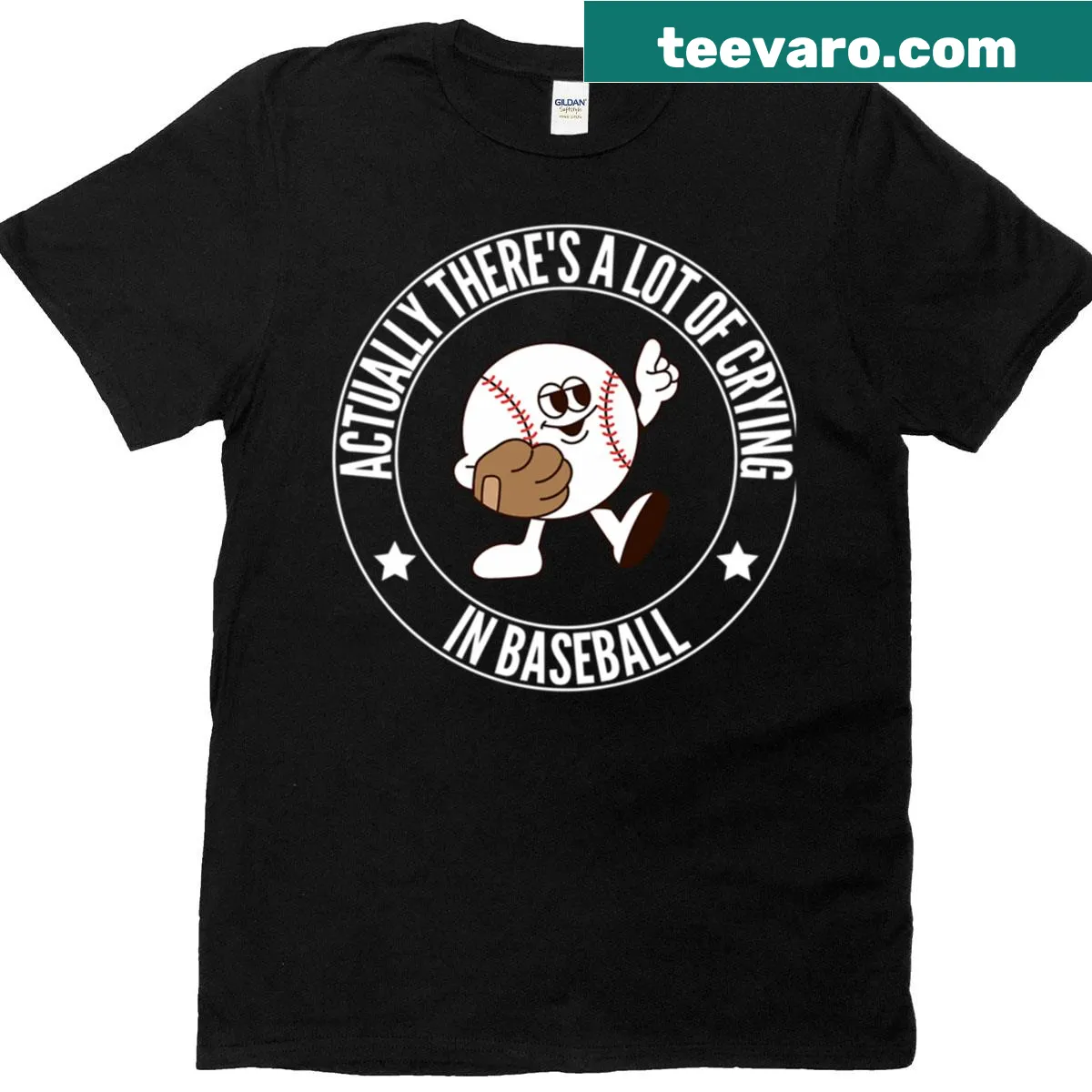 Humorous baseball t-shirt with 'Actually There's A Lot Of Crying In Baseball' text — on a men's t-shirt