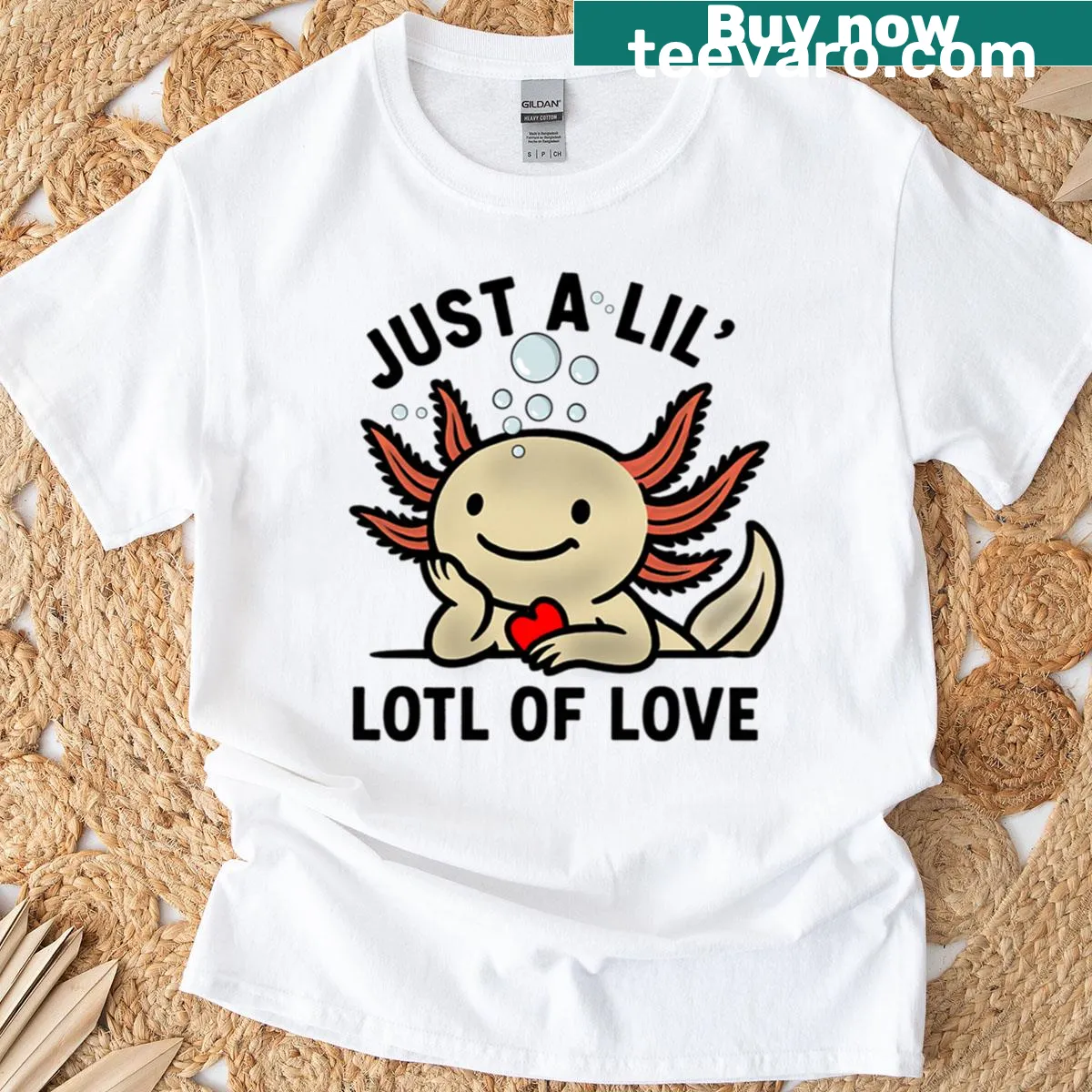 Cute T-shirt featuring an axolotl design and playful text. — on a men's t-shirt