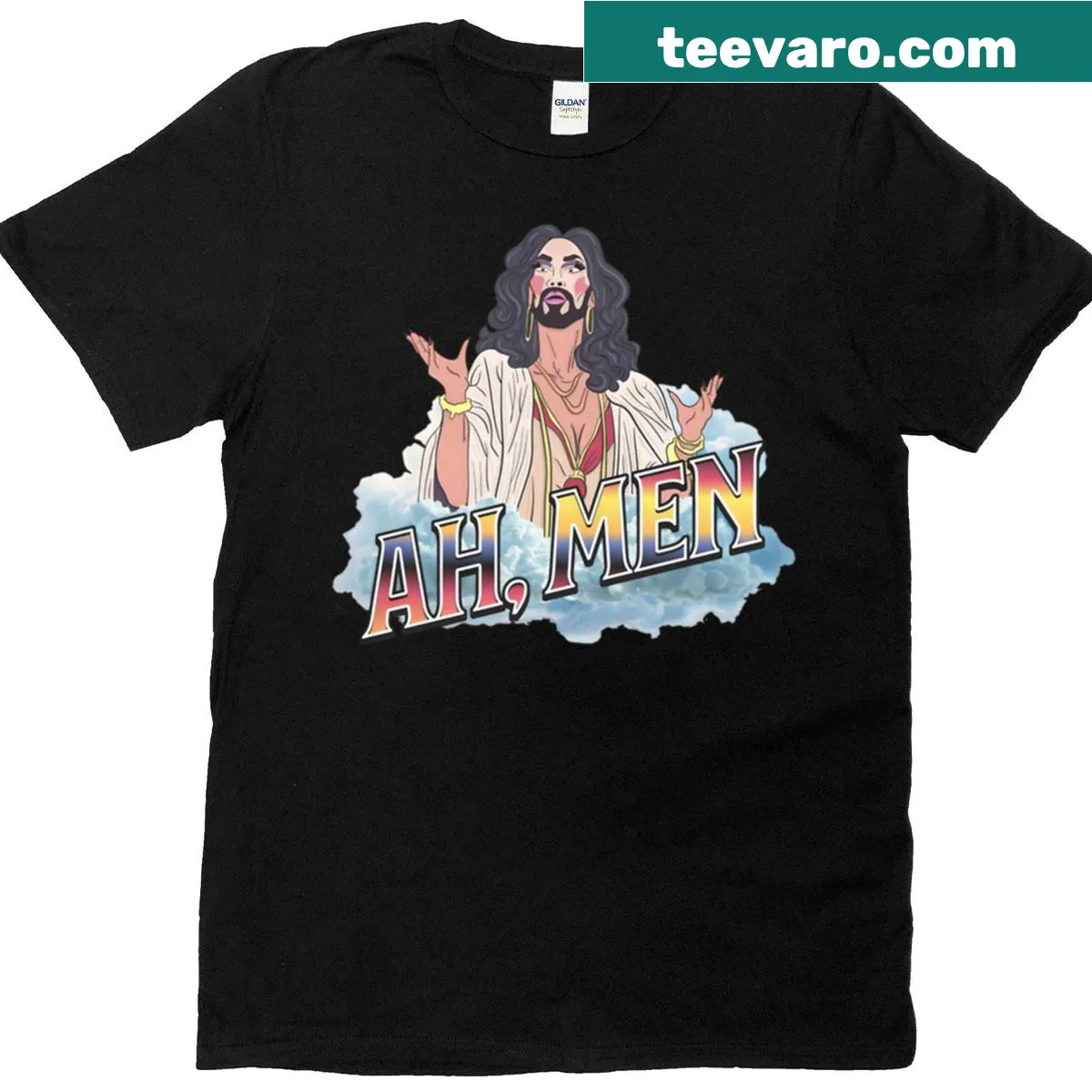 Funny Christian t-shirt with 'Ah Men' text and rainbow flag graphic — on a men's t-shirt