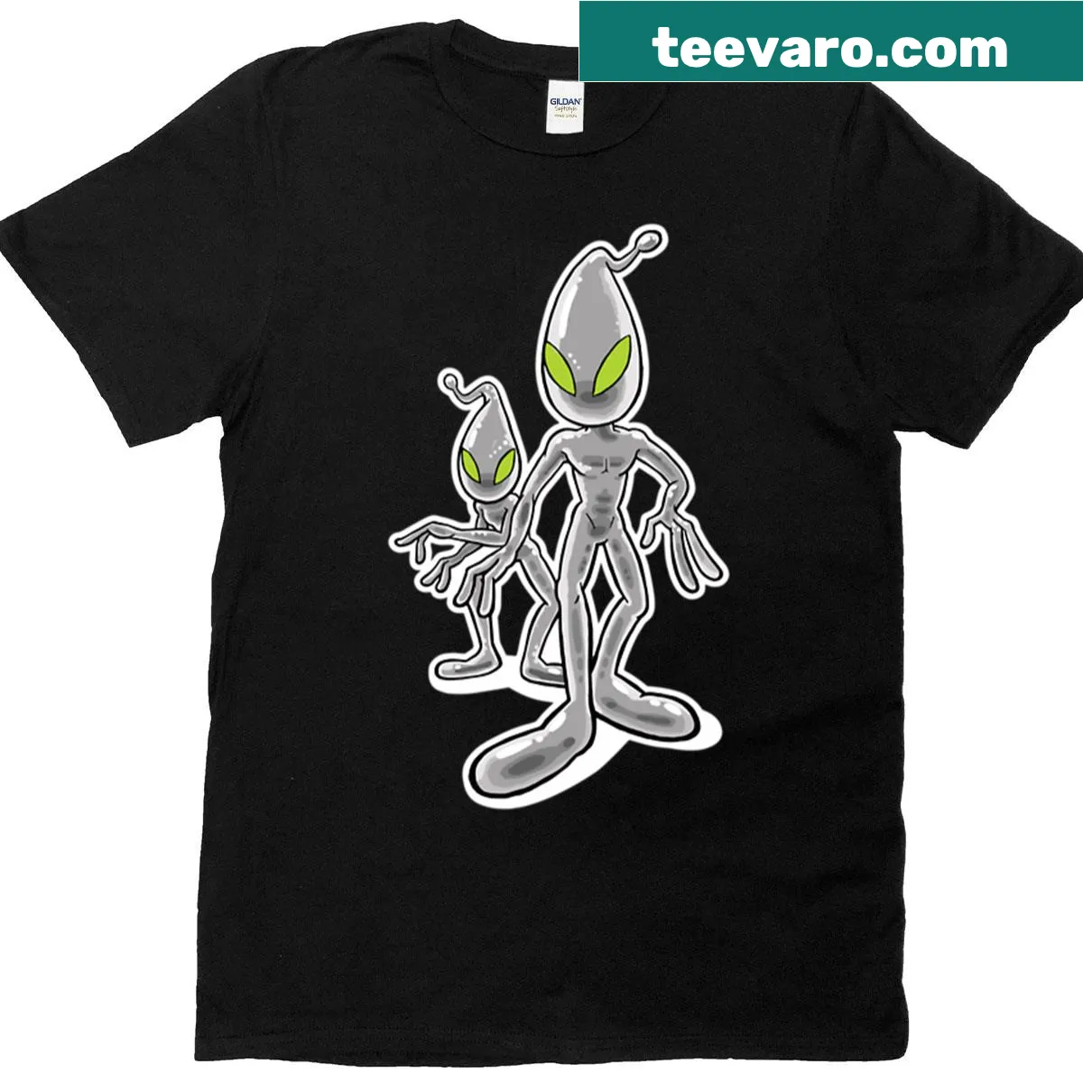 Cartoon aliens in a UFO, showcasing playful space art — on a men's t-shirt