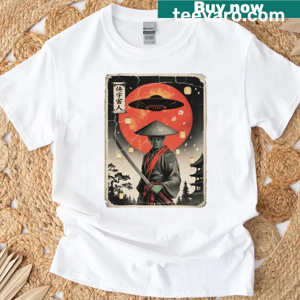 Alien samurai in retro Japanese style graphic on T-shirt