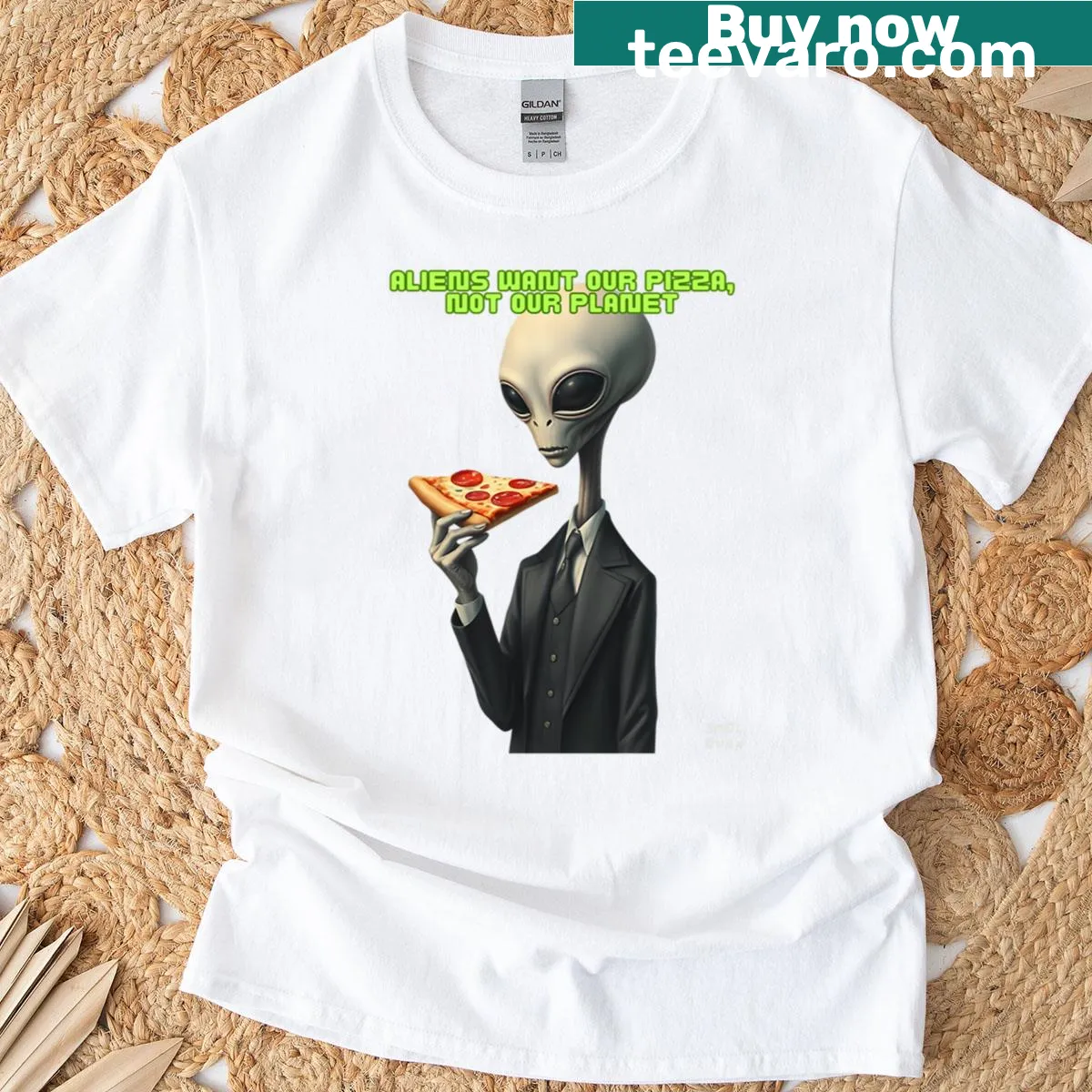 Cartoon aliens with a pizza pun graphic on T-shirt — on a men's t-shirt