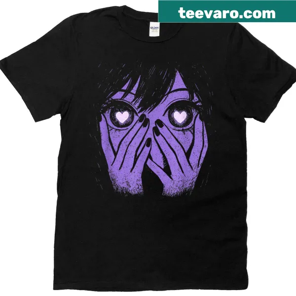 Anime eyes and hearts design with a grunge aesthetic on a t-shirt