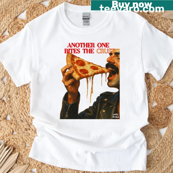 Funny food pun shirt featuring a rock legend biting a slice of pizza