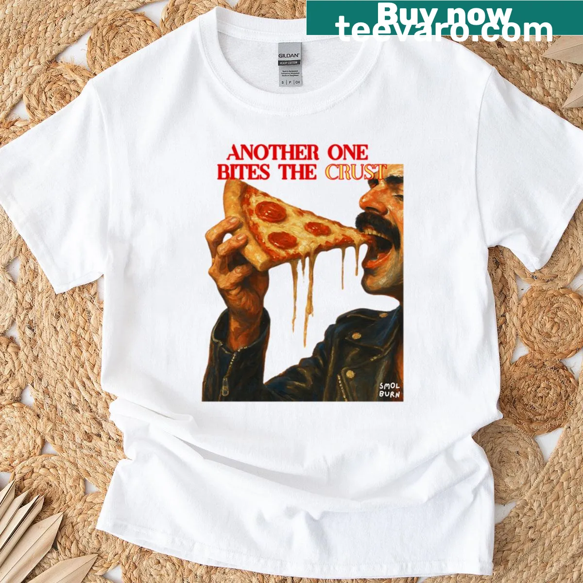 Funny food pun shirt featuring a rock legend biting a slice of pizza — on a men's t-shirt