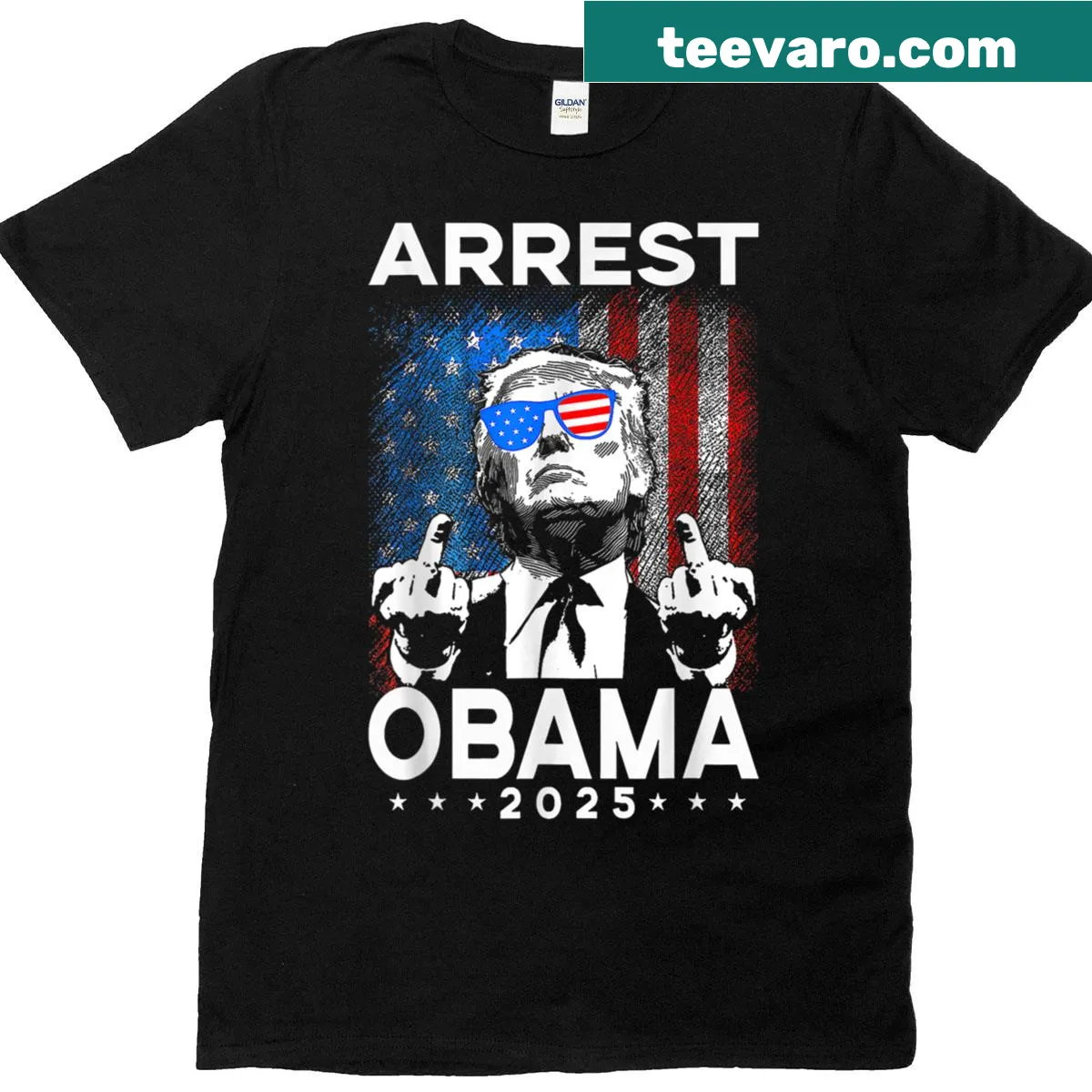 Patriotic T-shirt with 'Arrest Obama 2025' and USA flag design — on a men's t-shirt