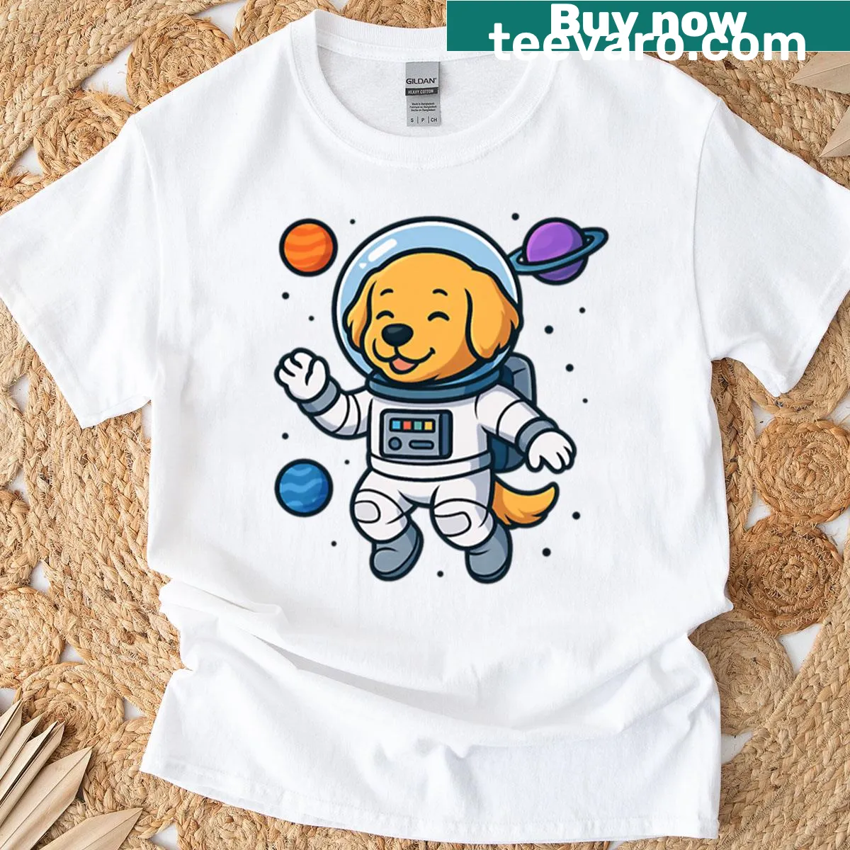 Cute golden retriever astronaut floating in space design T-shirt — on a men's t-shirt
