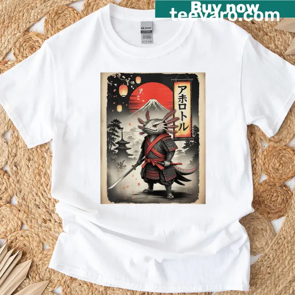 T-shirt featuring an axolotl samurai in Ukiyo-e art style
