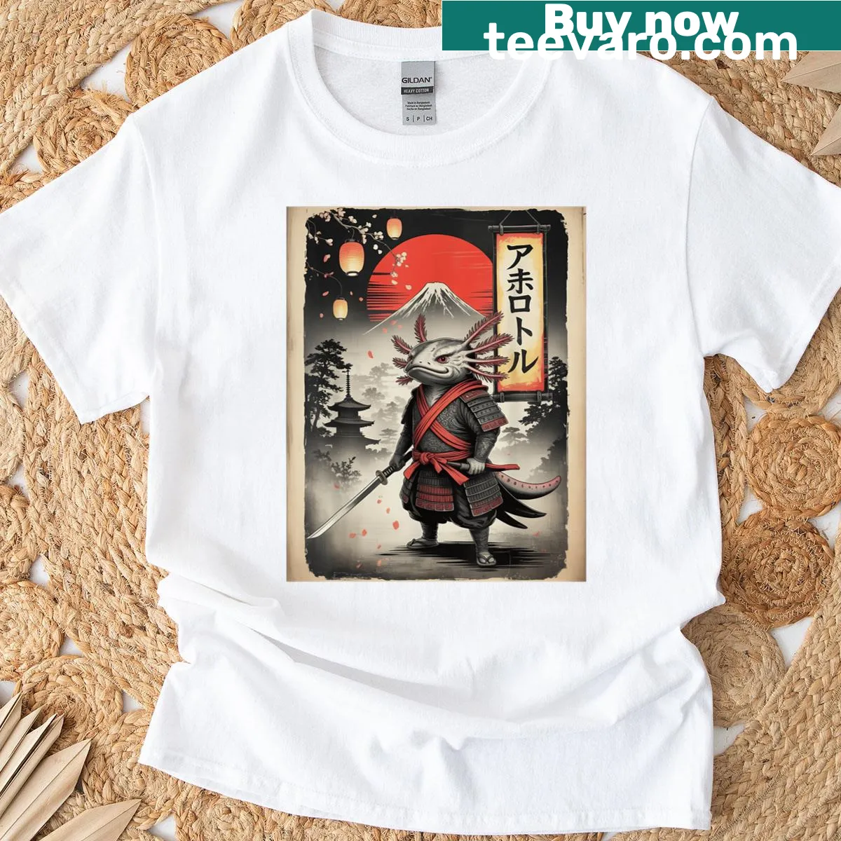 T-shirt featuring an axolotl samurai in Ukiyo-e art style — on a men's t-shirt