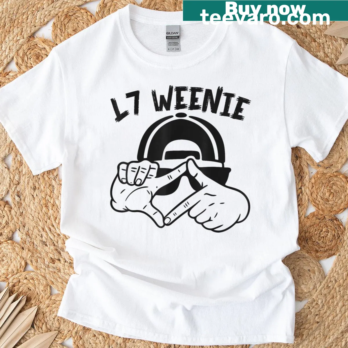 Retro style baseball T-shirt with L7 Weenie graphic — on a men's t-shirt