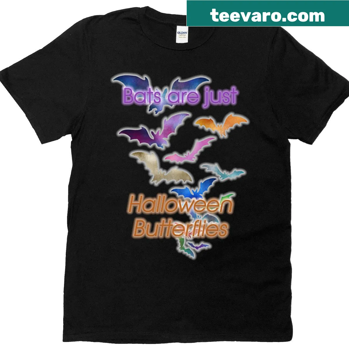 Illustrative T-shirt depicting bats as Halloween butterflies. — on a men's t-shirt
