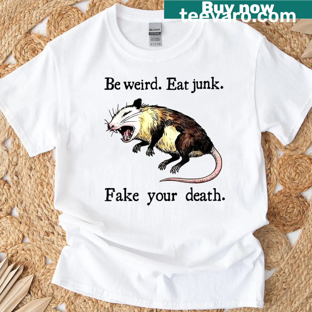 Funny T-shirt with a possum playing dead and humorous text — on a men's t-shirt