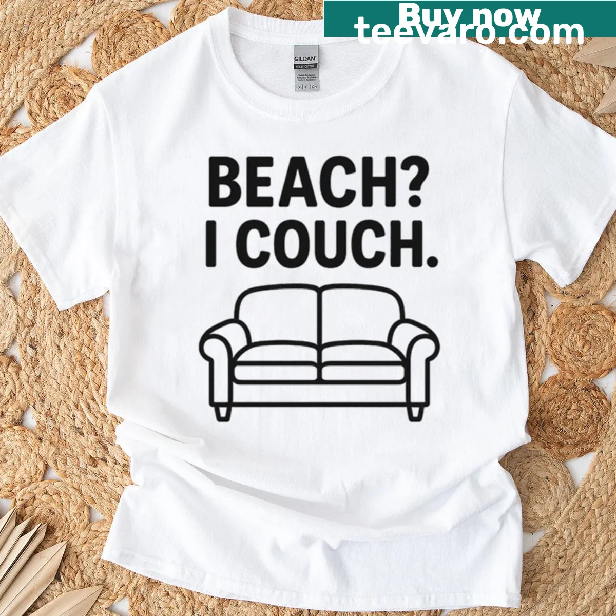 Funny shirt with 'Beach I Couch' text — on a men's t-shirt