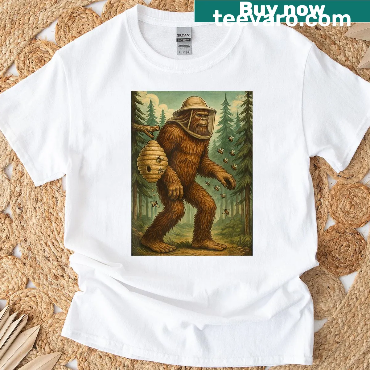 Funny beekeeping T-shirt with playful bees and a humorous slogan — on a men's t-shirt