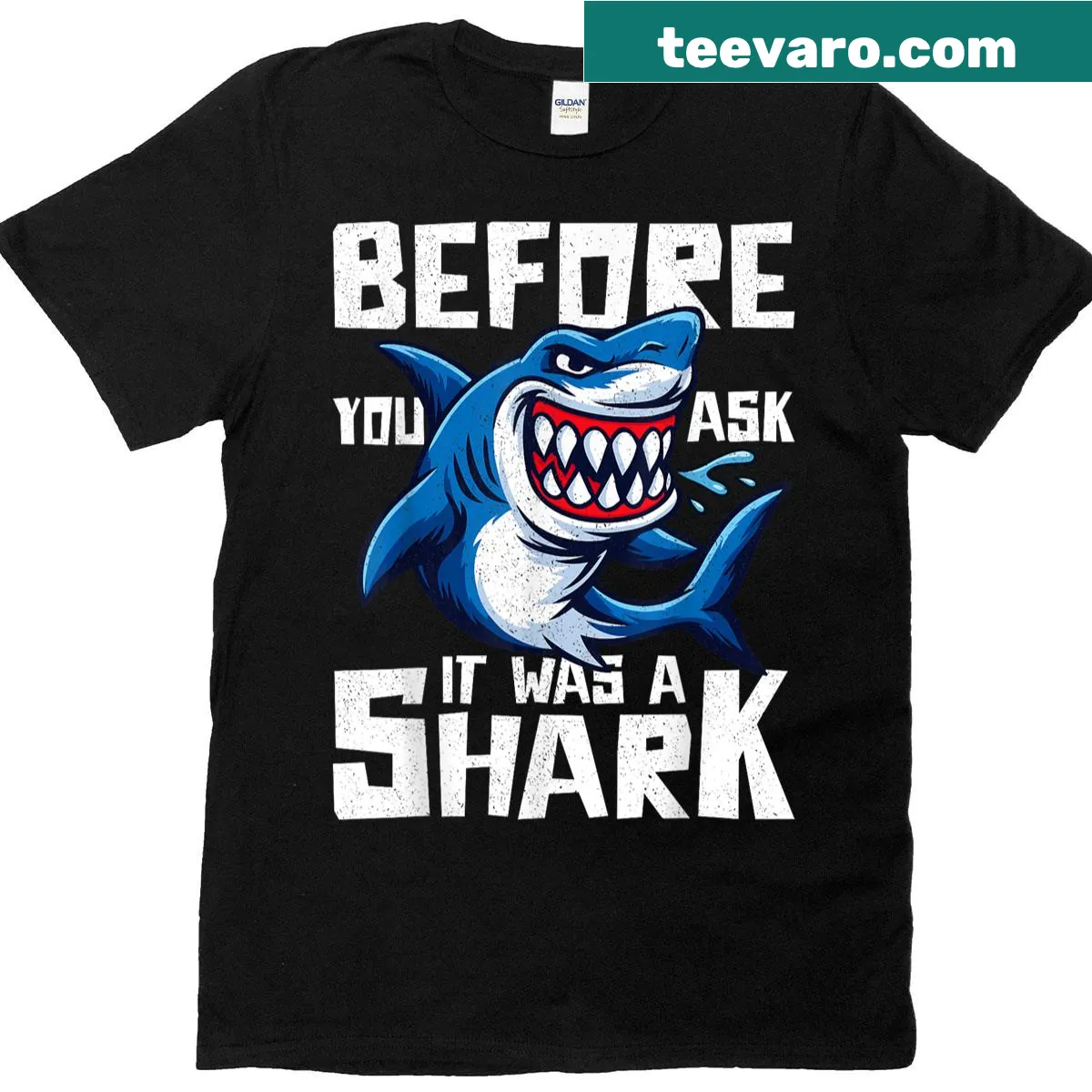 Bold ocean graphic t-shirt featuring 'Before You Ask It Was A Shark' — on a men's t-shirt