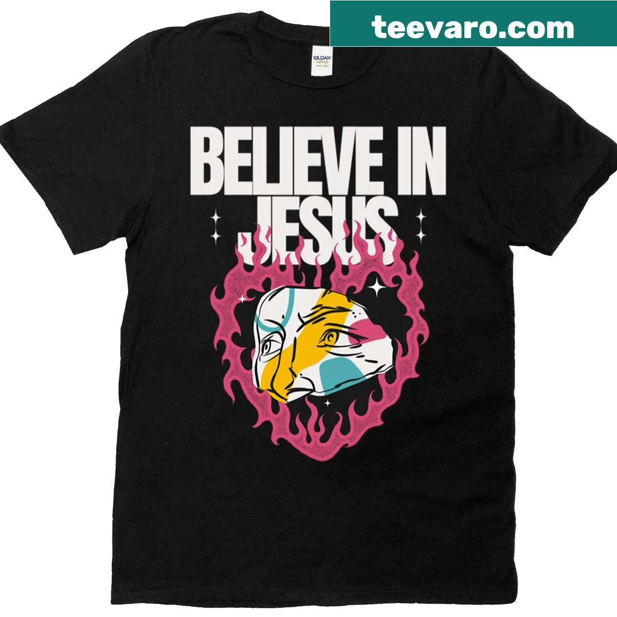 T-shirt with 'Believe In Jesus' text in bold typography — on a men's t-shirt