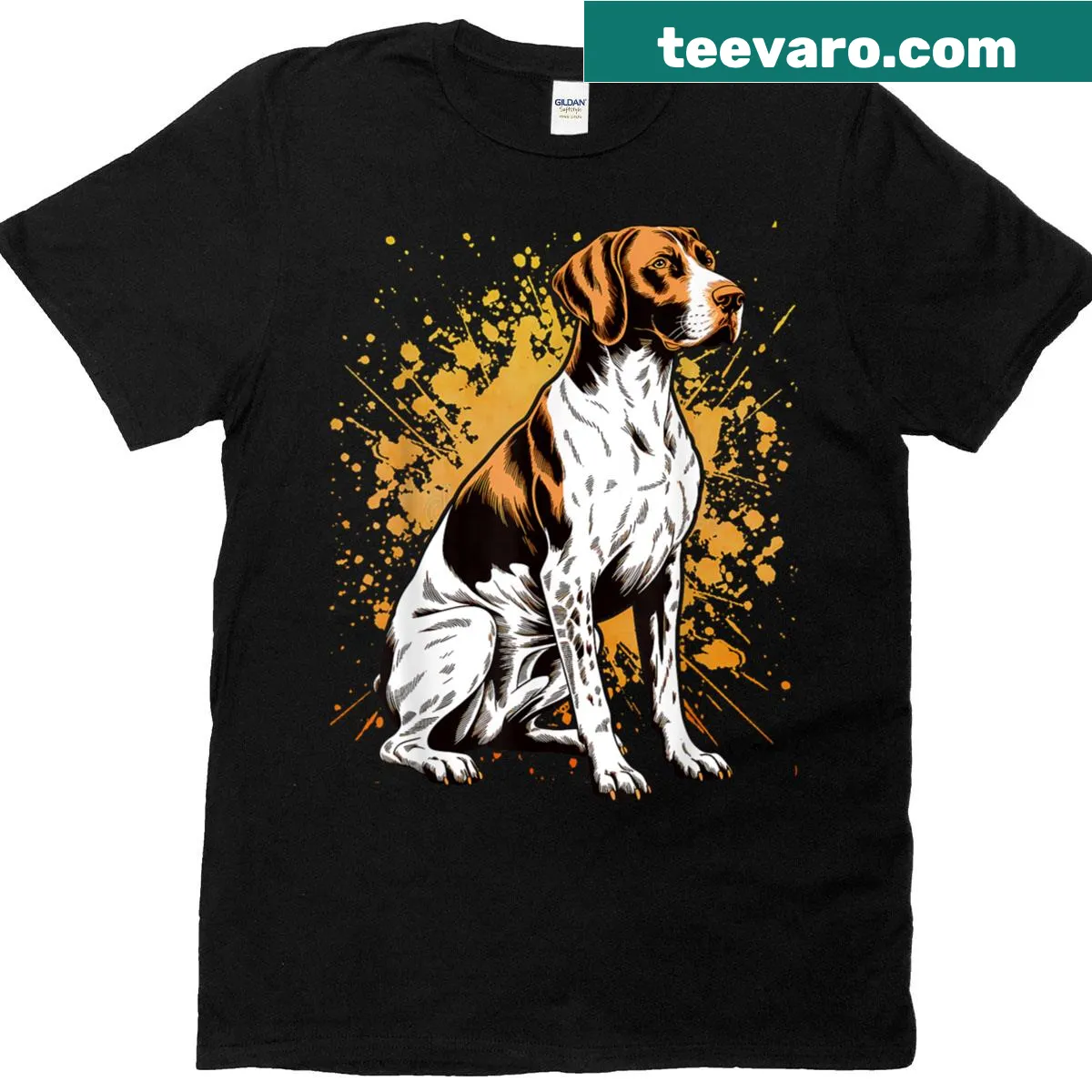 Illustration of an English Pointer hunting bird on a T-shirt — on a men's t-shirt