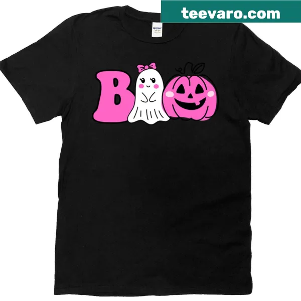 Whimsical ghost and pumpkin design on T-shirt.