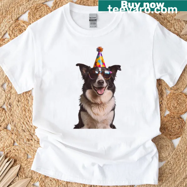 Cute Border Collie birthday T-shirt with balloons and party hat