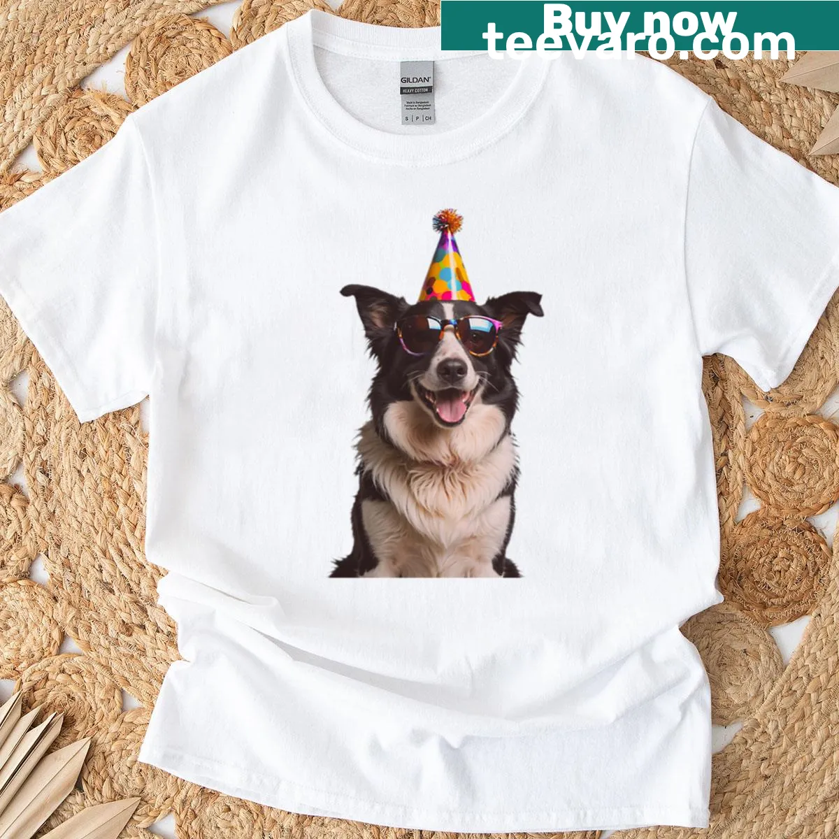 Cute Border Collie birthday T-shirt with balloons and party hat — on a men's t-shirt