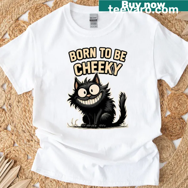 Cheerful black cat cartoon with a grin on a t-shirt