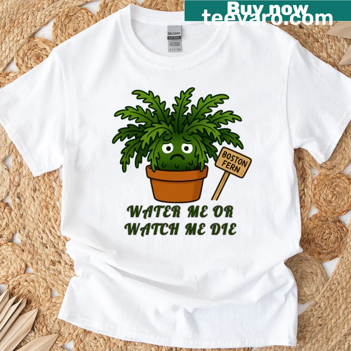 Cartoon Boston fern t-shirt with the text 'Water Me Or Watch Me Die' — on a men's t-shirt