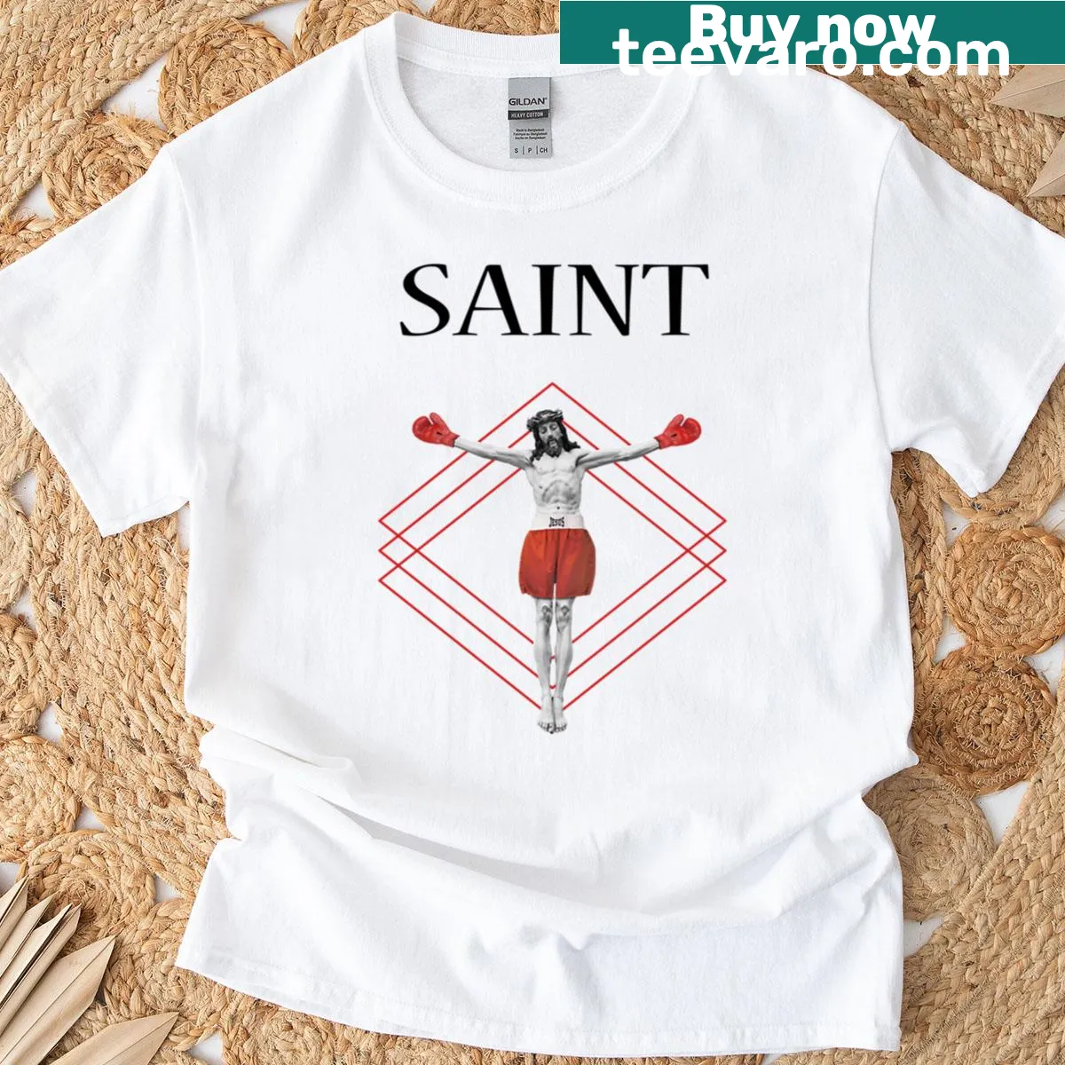 Boxing Saints logo oversized T-shirt with city font design — on a men's t-shirt
