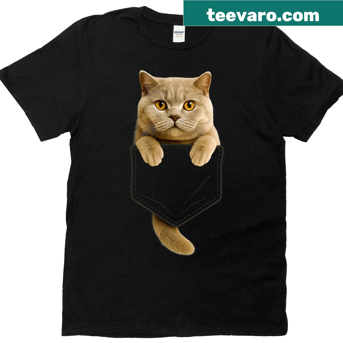 Illustration of a British Shorthair cat in a pocket with text for cat lovers — on a men's t-shirt