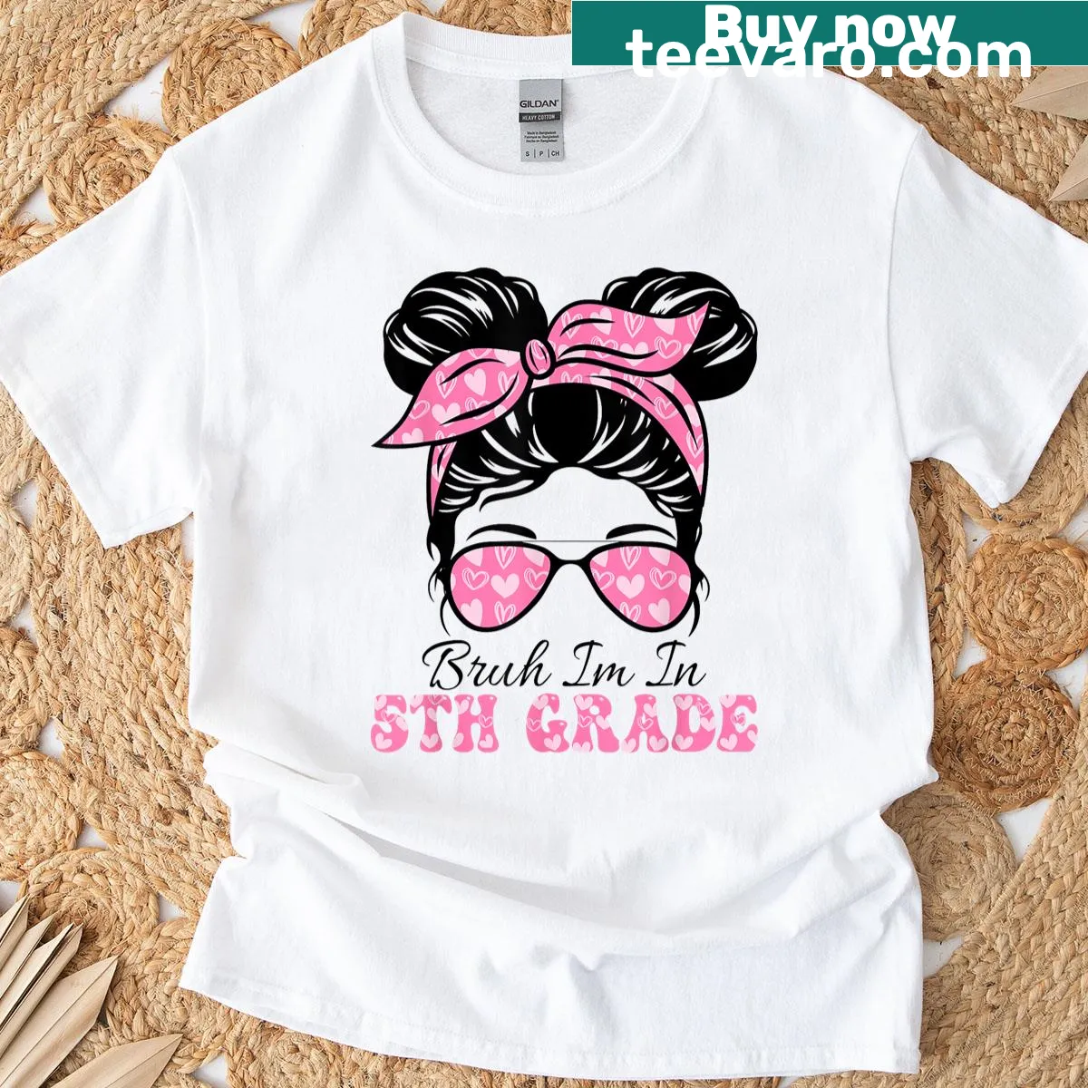 Cartoon of a girl with messy bun and text 'Bruh I'm in 5th Grade' — on a men's t-shirt
