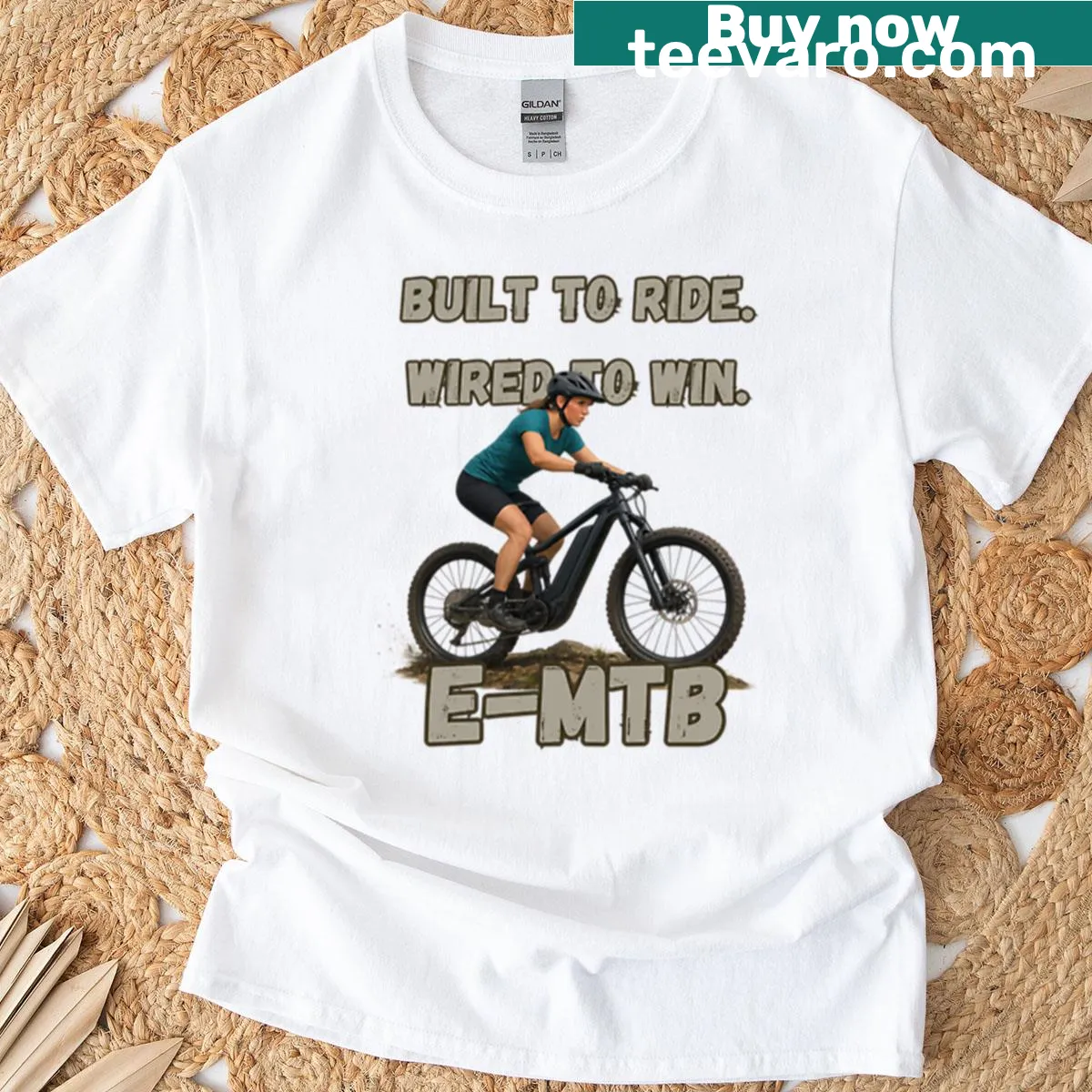 Inspirational e-mtb t-shirt for girls with the text 'Built To Ride, Wired To Win' — on a men's t-shirt