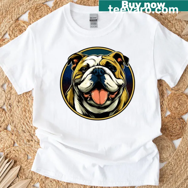 Cartoon bulldog with a big grin design on a t-shirt