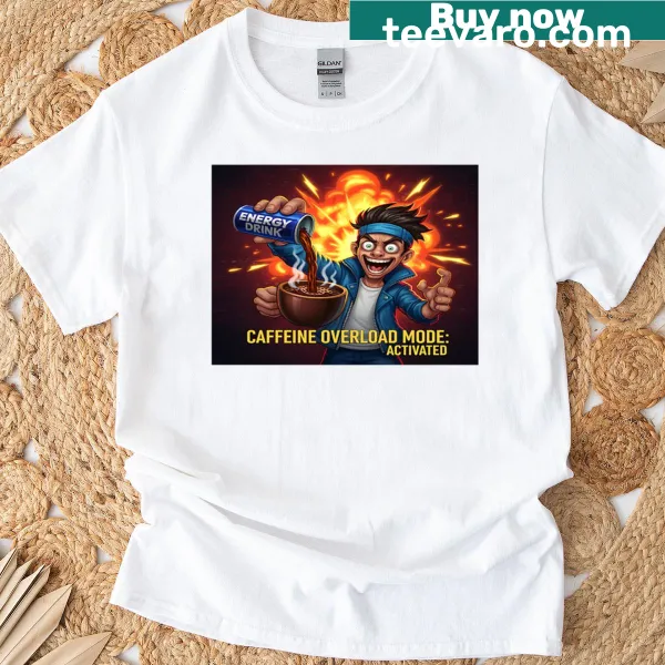 Cartoon design of an energy drink explosion on an oversized T-shirt